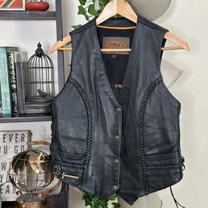 UNIK Braided Lace Side Leather Motorcycle Biker Vest Harley Charm Black Sz Large
